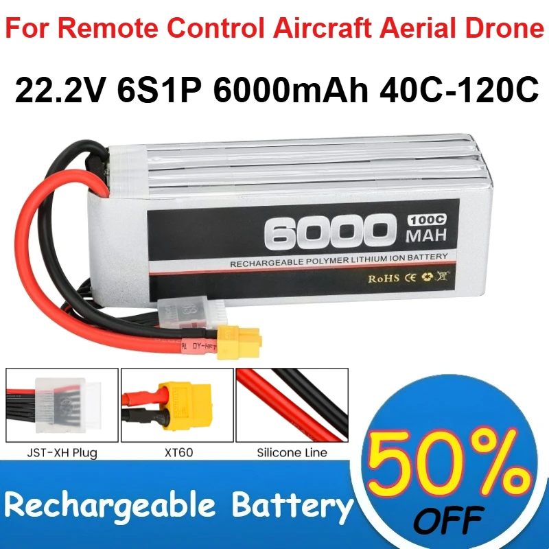 

22.2V LiPo Battery 6S 6000mAh Capacity 40C-120C High Magnification for Remote Control Aircraft Aerial Drone Battery Rechargeable