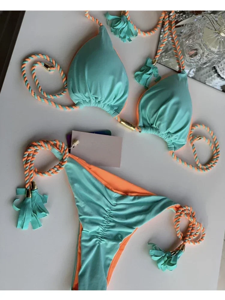 Maillot de bain à lacets pour femmes, sexy, string, micro, bikini, ensemble deux pièces, soutien-gorge push up, couleur unie, col licou, bandage, vêtements de plage, 2024