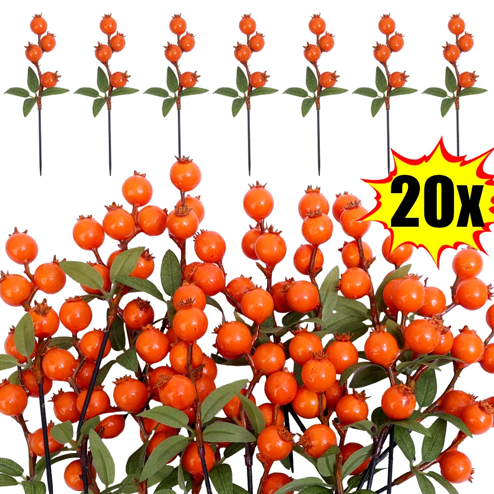 20/5PCS Simulation Pomegranate Branch with Leaves 4 Heads Fake Pomegranate Plant Home New Year Christmas Festive Decor Supply