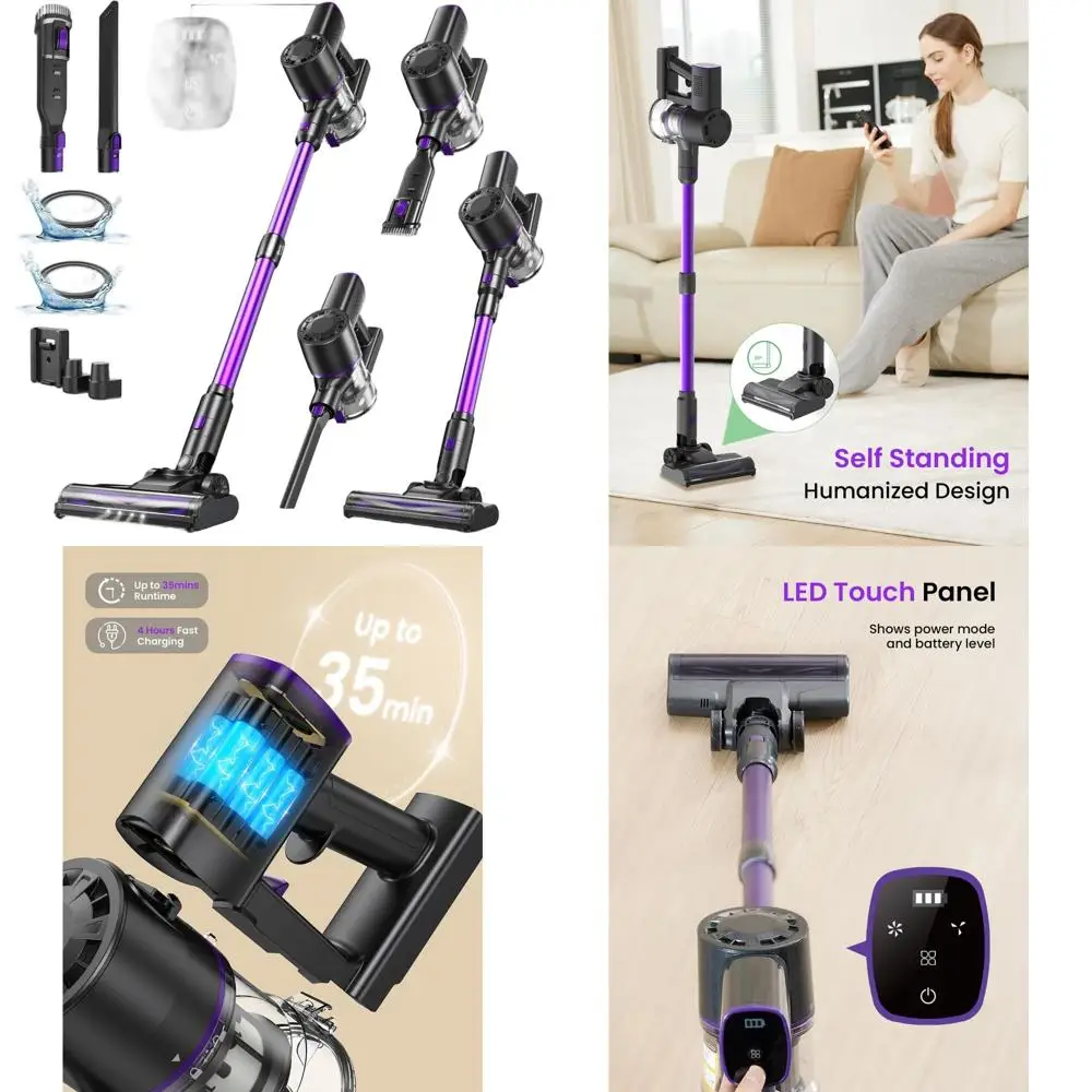 

Portable Cordless Vacuum Cleaner, Self-Standing, Rechargeable Stick Model, 35-Minute Battery Life, LED Display, 6-in-1 Lightweig