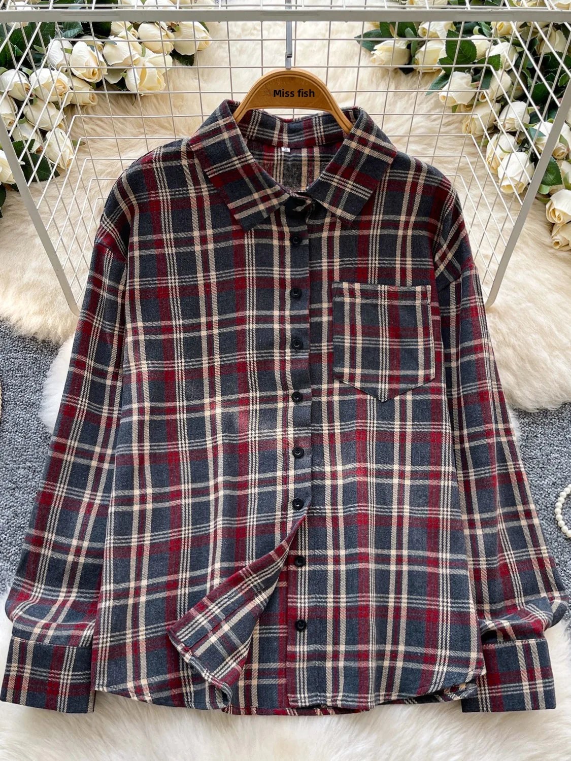 

Loose Plaid Casual irt Women's Autumn 2025 Korean Sle Faion Slimming ket Design Open Cardigan Top Comfortable Fit