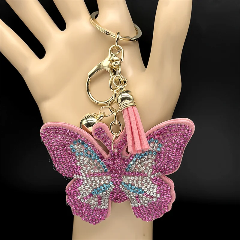 Rosa Schmetterling Mode Schlüsselanhänger für Frauen Männer voller Glanz Kristall Strass Quaste Auto Tasche hängen Dekor Schlüsselanhänger Schmuck Geschenke