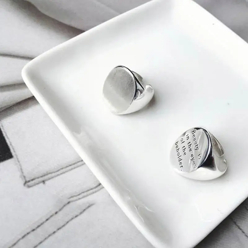 925 Sterling Silver Simple Personality Round English Letter Wide Rings For Women Fashion Temperament Fine Birthday Jewelry Gifts