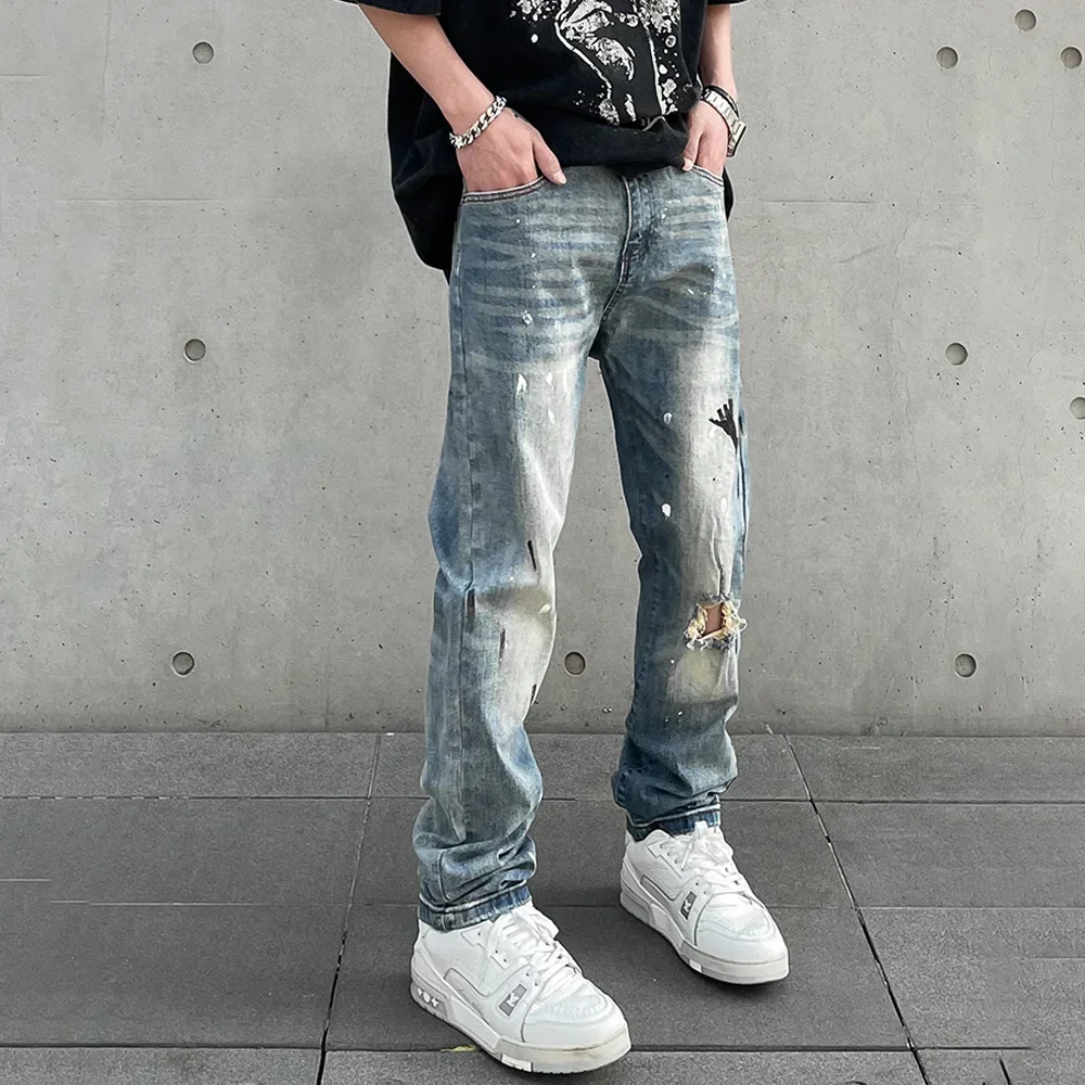 Splash-ink Graphic Ripped Jeans Men Slims Street Pantalones Hombre Streetwear Trousers Punk Hip Hop Summer Y2k Kinny Denim Pants