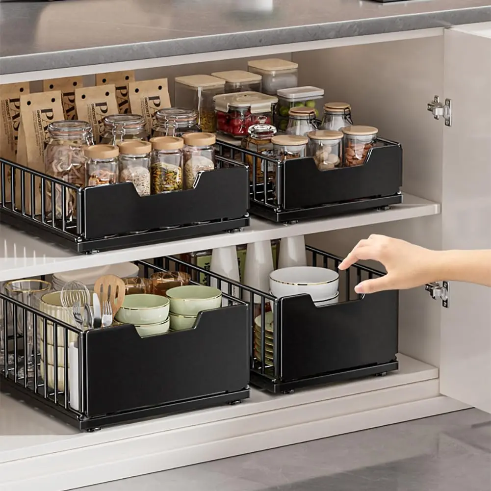 Organizzatore da cucina estraibile stabile – Cassetto scorrevole in metallo senza foratura, regolabile in altezza, per pensili, lavello, bagno o ufficio – Soluzione salvaspazio, nero