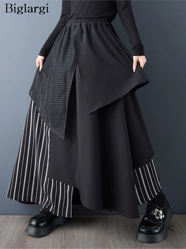 

Oversized Striped Patchwork Skirt Women Casual Loose Pleated Irregular Black Ladies Skirt Modis Autumn Gothic Woman A Line Skirt