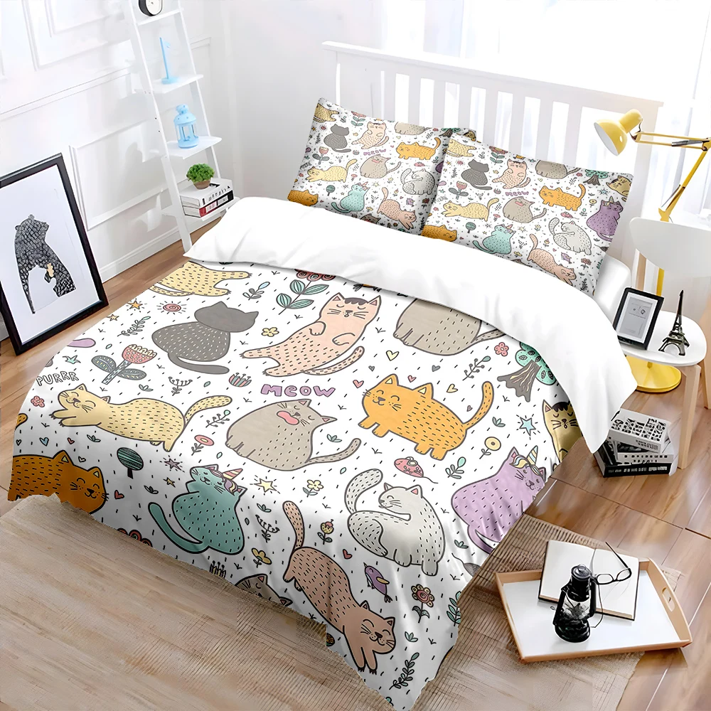 3pcs Cartoon cats with floral background Pattern Duvet Cover Set Digital Print Colorful Polyester Bedding with Zipper Closur