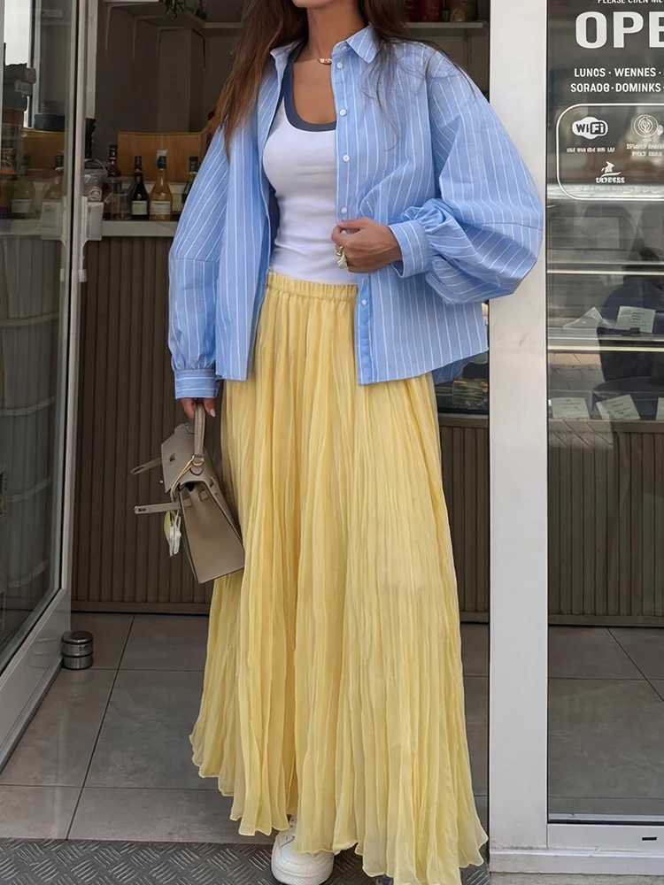 HH Fashion Summer Women's Pleated Skirts 2026 Causal Elastic Waist Solid High Waist Ruffled Skirts Ladies High Street Skirts