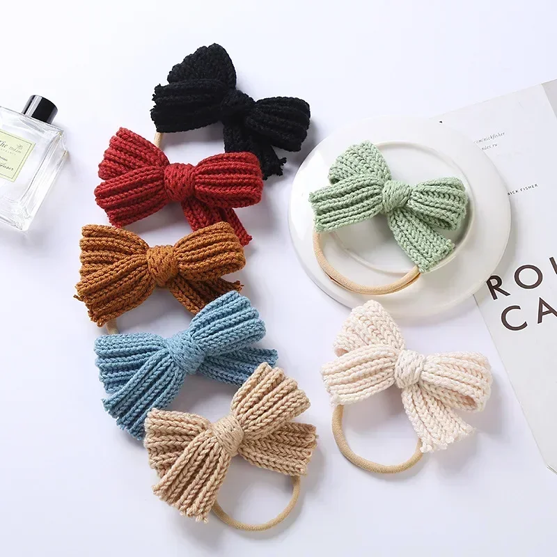 1PCS Cute Knitting Wool Bowknot Elastic Hairband Infant Solid Color Crochet Bows Nylon Headband Children Headwear Birthday Gift