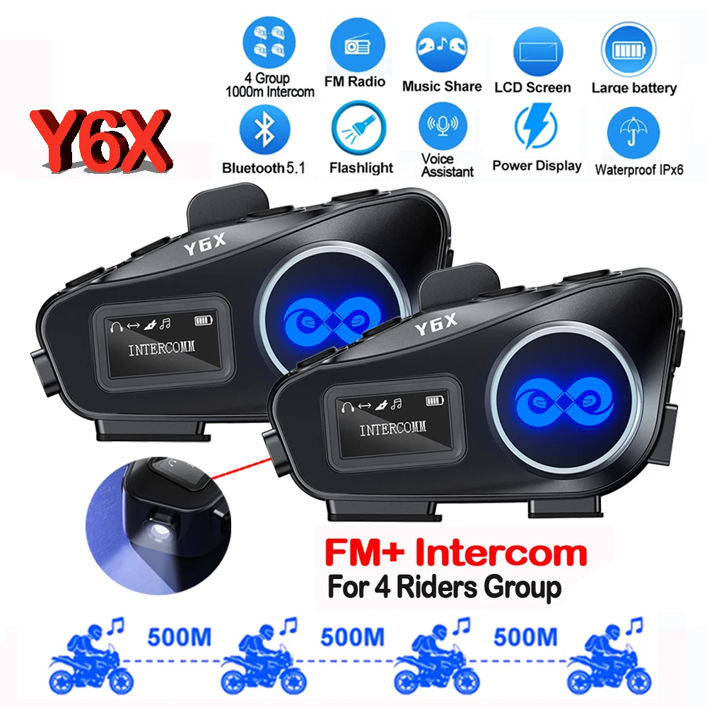 BT5.1 FM Motorcycle Helmet Intercom 1000M Interphone Headset Music Sharing IPx6 With LED Lighting for 4 Riders Group Talking