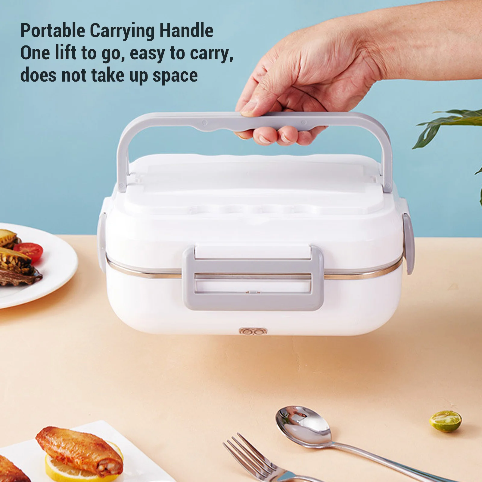 Electric Lunch Box 40W 1.2L 304 Stainless Steel Fast Heating Food Box Portable Lunch Warmer with Fork Spoon for Car Truck Office