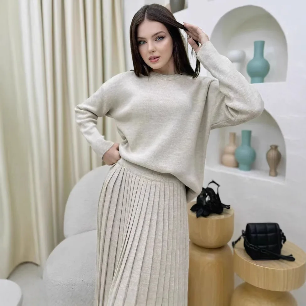 Ensemble pull tricoté et jupe plissée pour femme, couleur Pure, rond, Ne, vêtements de sport décontractés, automne et hiver