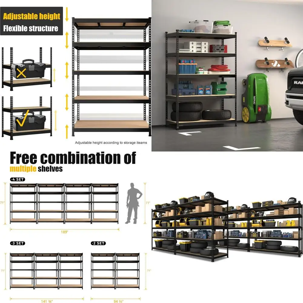 

48 x 24 x 72 Heavy-Duty 5-Tier Adjustable Metal Storage Rack for Garage, Utility, Pantry, or Kitchen, Black, 5-Pack