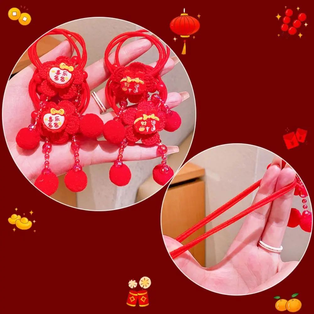 Copricapo di Capodanno per bambini in stile cinese Tang Suit Carino Capodanno Corda per capelli Hanfu Copricapo Nappa Fiocco rosso Anello per capelli Ragazze