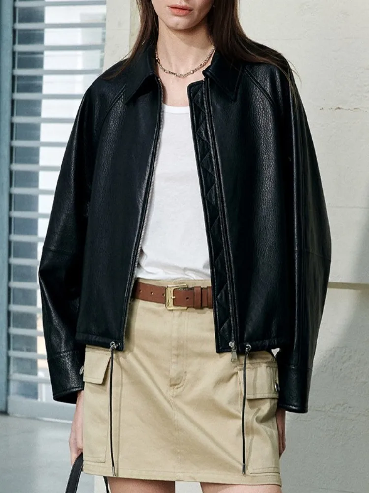 Concise Style Female Solid Color Lapel Genuine Leather Top Quality Short Jacket Loose Sheepskin Zipper Handmade Outerwear