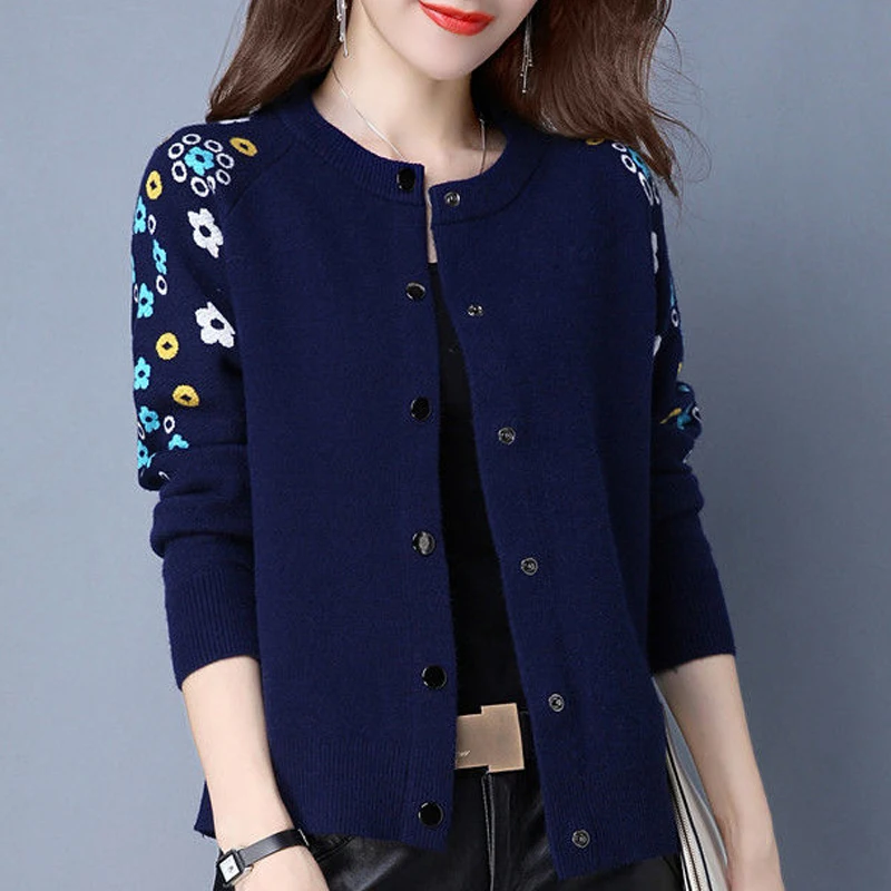 Women\'s Korean Fashion Floral Jacquard Elegant Knitted Cardigan Spring Autumn Female Casual Round Neck Long Sleeve Sweater Coat