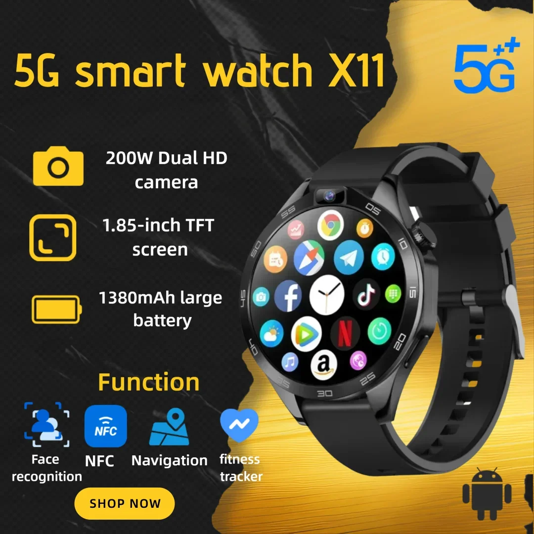 

4G Android Smartwatch X11 WIFI GPS SIM Card 1.85" Screen 200W dual high-definition cameras 1380mah download APP Smartwatch men