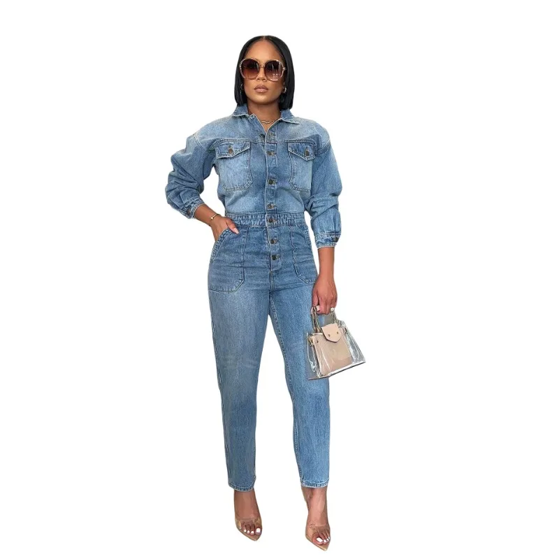 Women's Jeans Jumpsuits Fairy Spring Fall Dress Pants Denim Long-sleeved Buttons Tight Sexy Simple New Harajuku Versatile