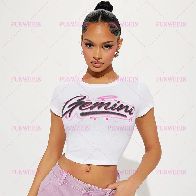 Y2k 90s Streetwear Print Gemini Angel Versatile T-shirt Emo girl Vintage 90s Aesthetic Goth Fun Graphic Chic Y2K O-Neck Crop Top