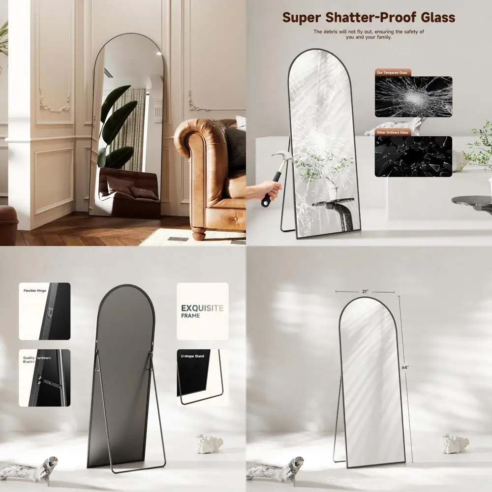 Large Floor Standing Arched Mirror, 64x21 Inches, Black Tempered Glass, Wall Hanging Mountable Body Length Mirrors with Aluminum