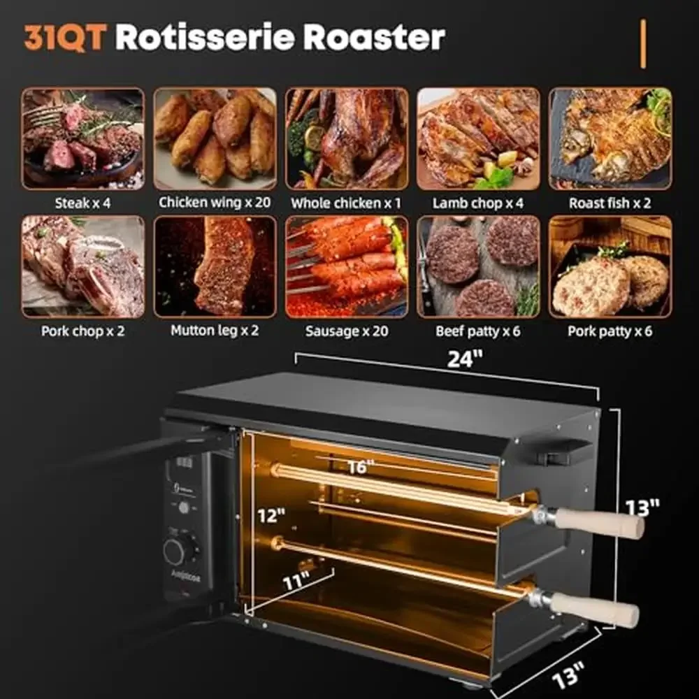 Asador de parrilla eléctrico portátil, 30L de capacidad, 1800W, asador de barbacoa de acero inoxidable, pollo, filete, pescado, ahumador, rotador automático