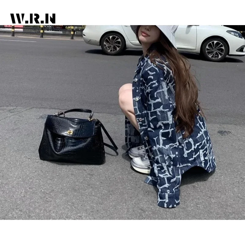 2024 Winter Korean Women's Luxury Single Breasted Loose Y2K Coat Casual Turn Down Collar Baggy Plaid Retro Chic Denim Jacket