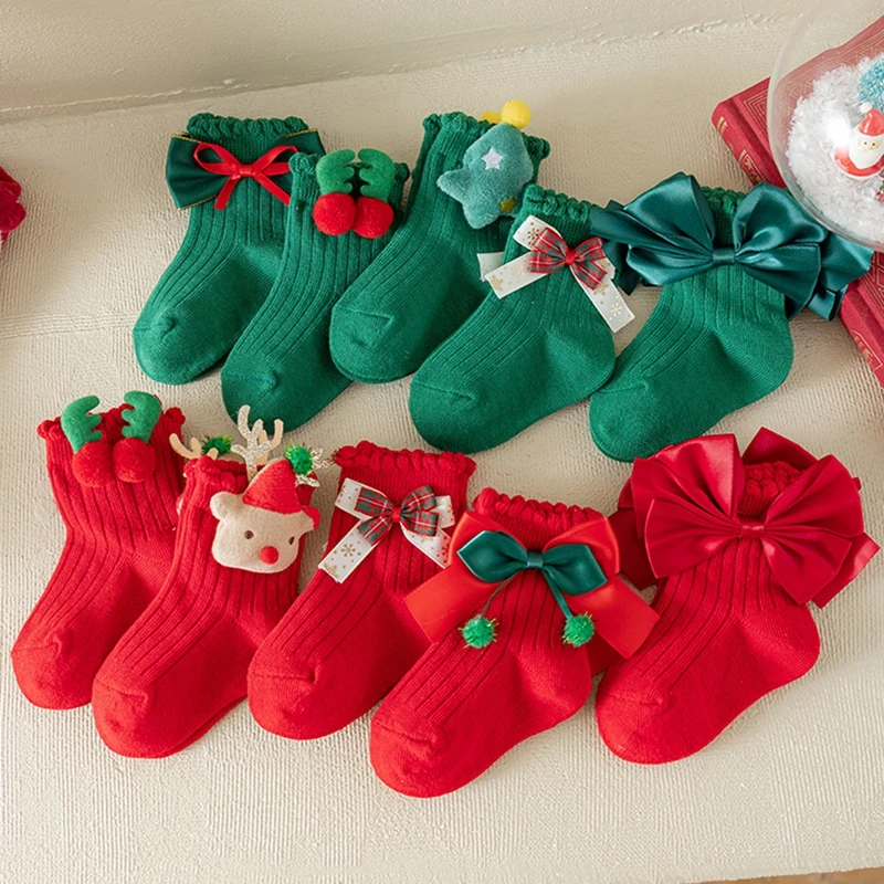 جوارب عيد الميلاد للفتيات الصغيرات، جوارب لطيفة ثلاثية الأبعاد على شكل شجرة قرن الوعل، جوارب قطنية ناعمة قابلة للتنفس