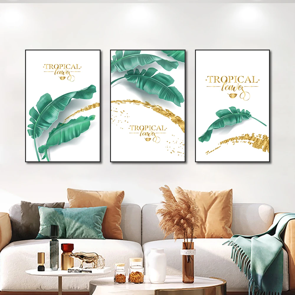 

Abstract Green Leaves Canvas Painting Modern Nordic Golden Words Posters And Prints Wall Art Picture For Living Room Home Decor