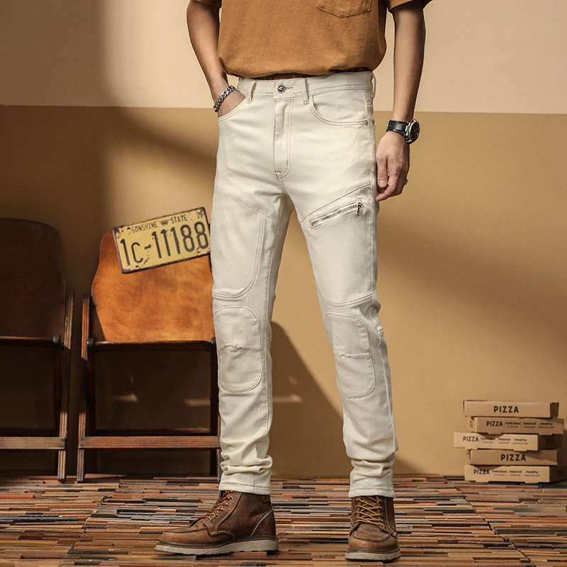 

Trendy High-End Men's Slim Fit Zippered Patchwork Biker Jeans Elastic Long Pants Cotton Stretch Denim mid Waist Casual Spring
