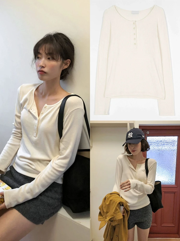 

Женская футболка Long Sve Button Round Ne, облегающая, мягкая, приятная для кожи, хлопковая, повседневная, осенняя, модная, верхняя одежда, базовый S...