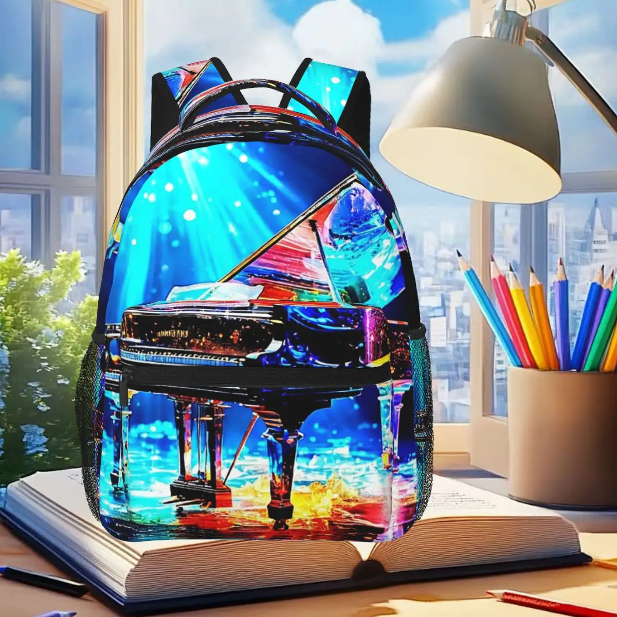 

Oil Painting Of A Blue Piano Backpack Student Boys Girls BookBag Children School Bag Computer Shoulder Bags for Men Women