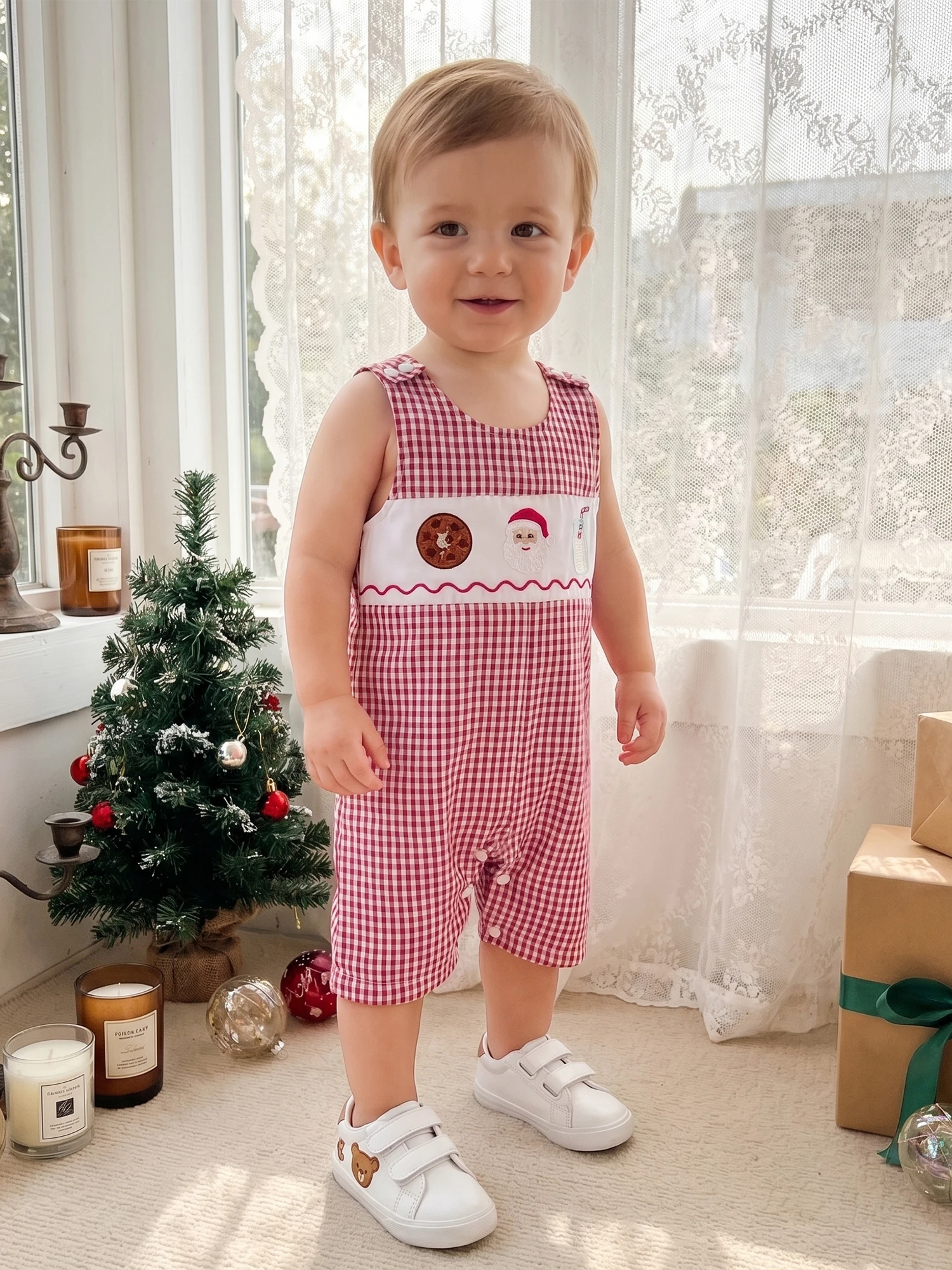 Infant Baby Christmas Jumpsuit Cute Neck Romper Cute Santa-Claus Plaid Print Sleeveless Crew Claus Infant Baby Girl