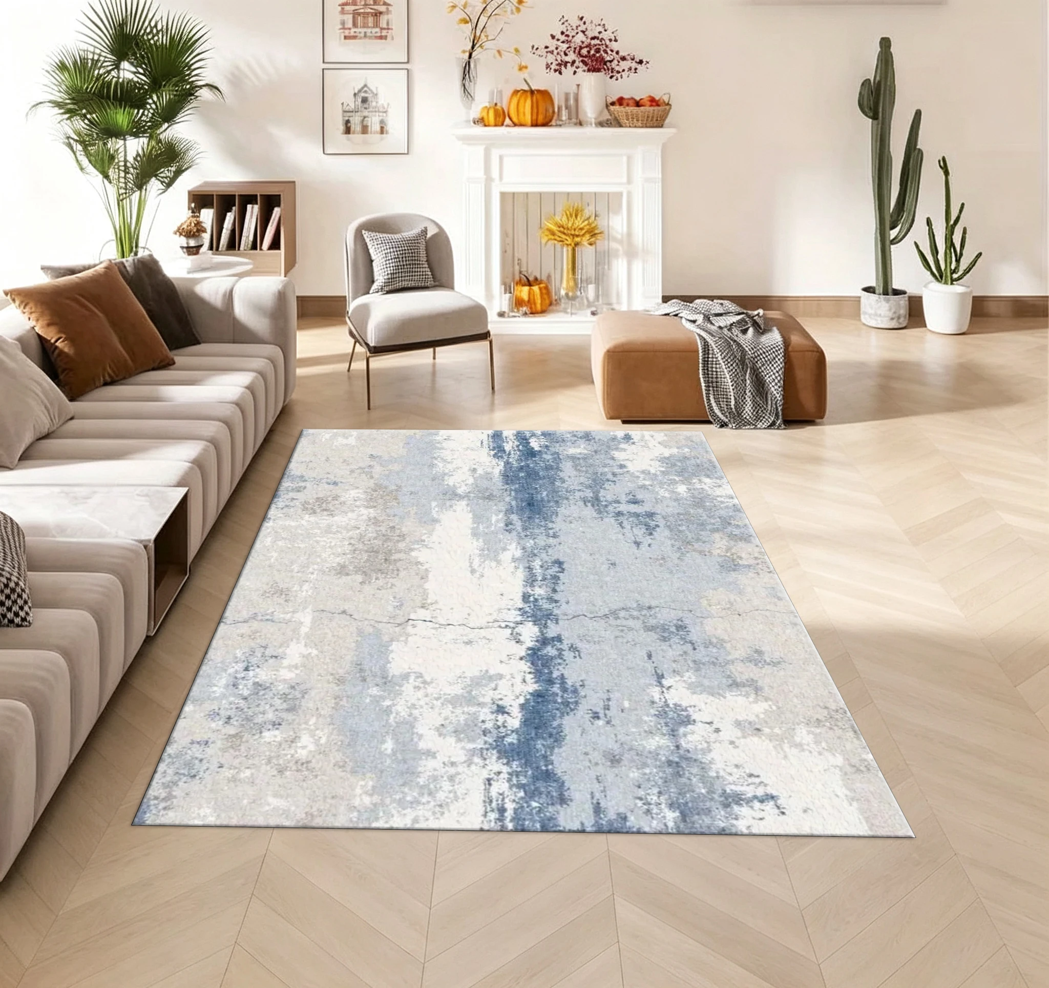 Modern Abstract Blue Grey Artistic Area Rug Carpet Flooring Soft Washable Floor Carpet for Bedroom Living Space