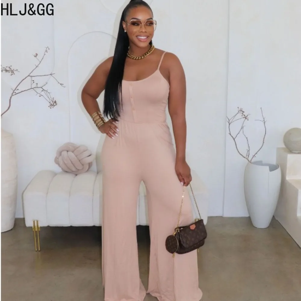 

HLJ&GG Fashion Solid Wide Leg Pants One Pieces Jumpsuits Women Thin Strap Sleeveless Backless Straight Playsuits Female Overalls