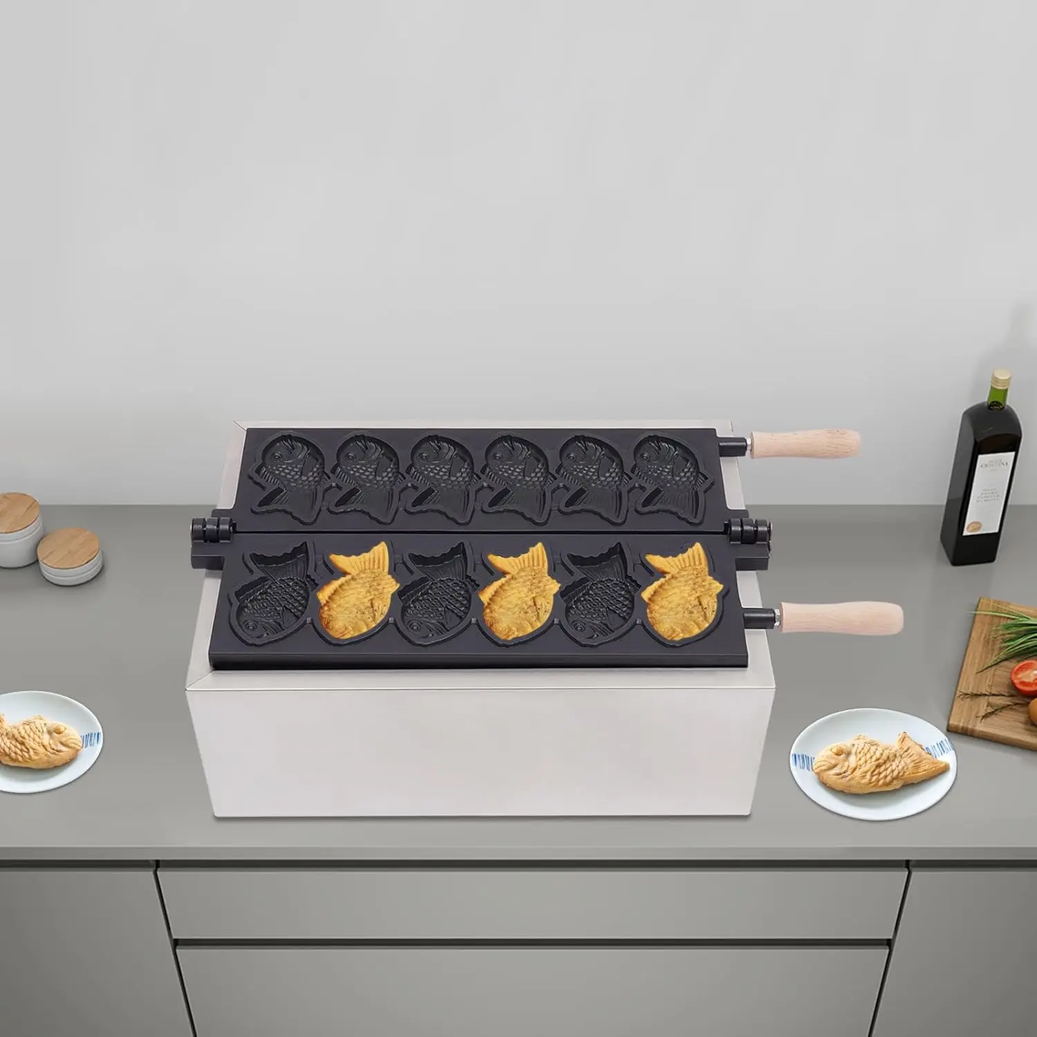 Máquina para hacer gofres de pescado Taiyaki de 3000W, máquina para hacer gofres eléctrica antiadherente de 6 moldes, conos de gofres en forma de pez para panadero Taiyaki con sin Sti