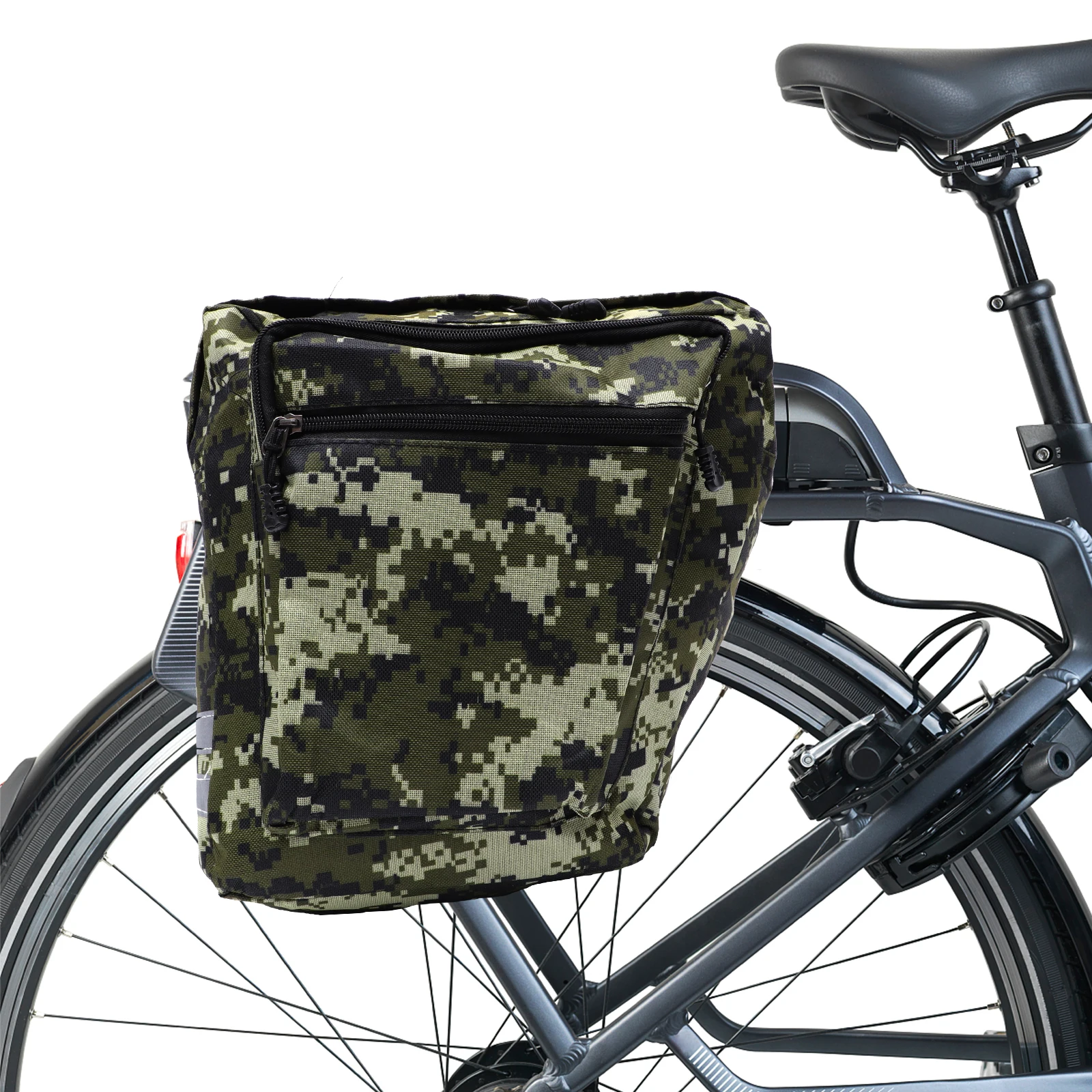 

Waterproof Camo Canvas Rear Seat Bag 2 Bottle Pockets Reflective Trim for Night Safety Mountain Cycling Saddle Trunk Storage