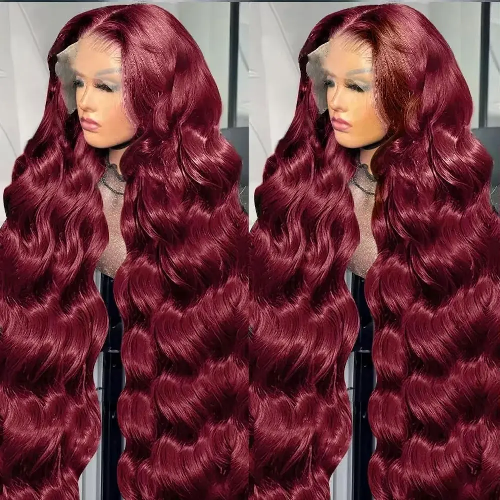 

200% 250% Density 34 Inch 99j Human Hair Wig Burgundy 13x4 HD Lace Frontal Body Wave Human Hair Wigs 100% Brazilian Human Hair