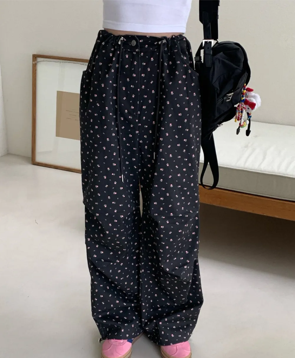 

Women's Casual Floral Print Pants High Waist Straight Leg Dstring Slimming Loose Fit Trousers Versatile Long Trousers