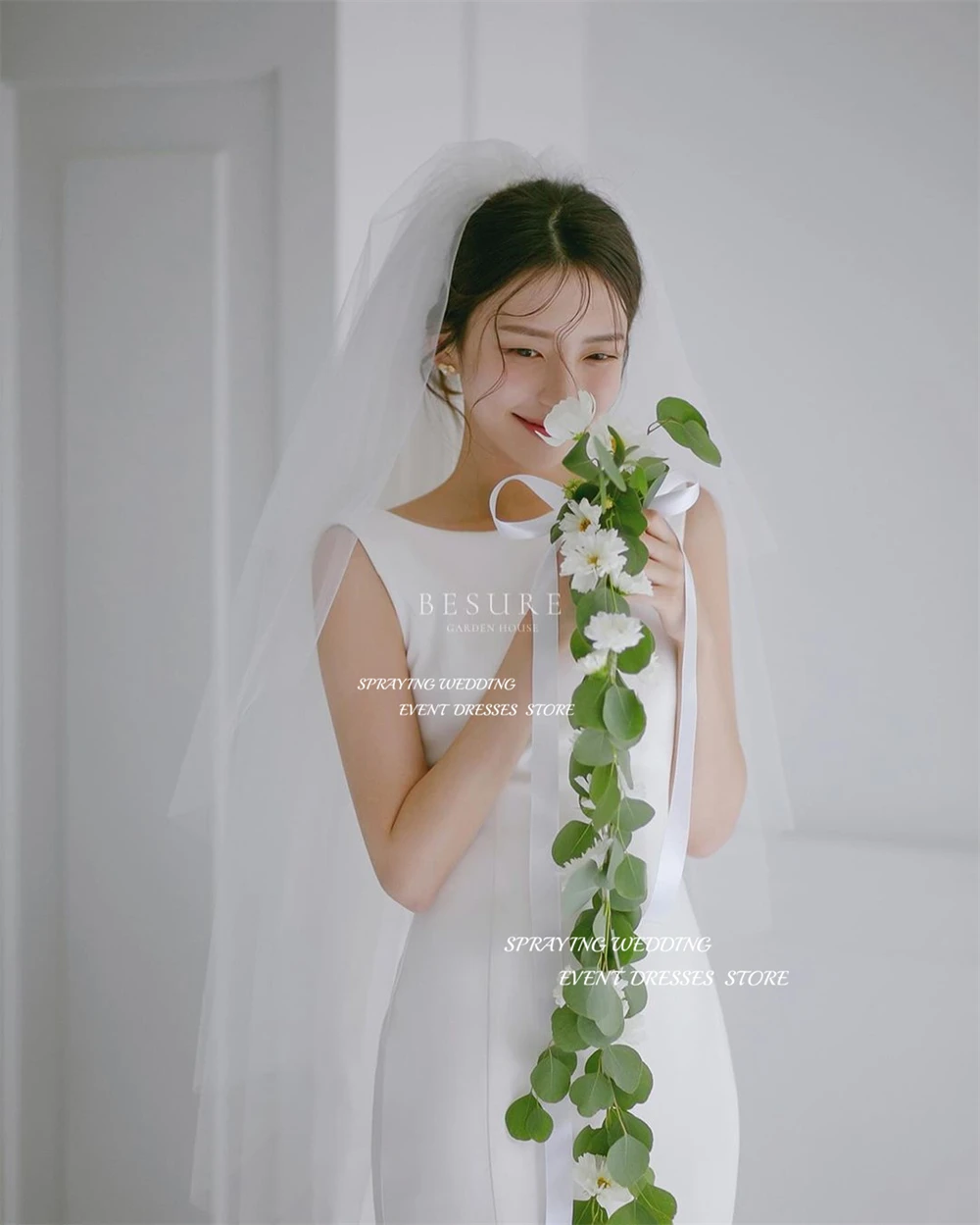 SPRAYING Simple Mermaid Wedding Dress Korea Photo Shoot O Neck Detachable sleeves Bridal Gown With Veil Floor Length 웨딩드레스