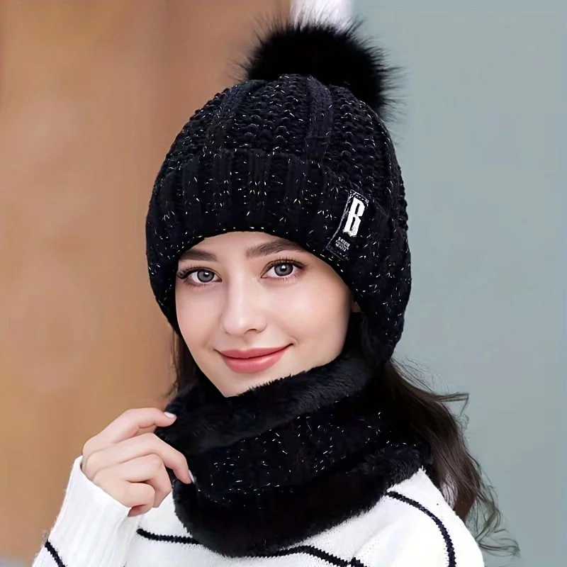 Women\'s Scarf Hat Winter Cycling Padded Warm Knitted Wool Hat Thickened Windproof Scarf Hat Warm and Cold Knitted Hat