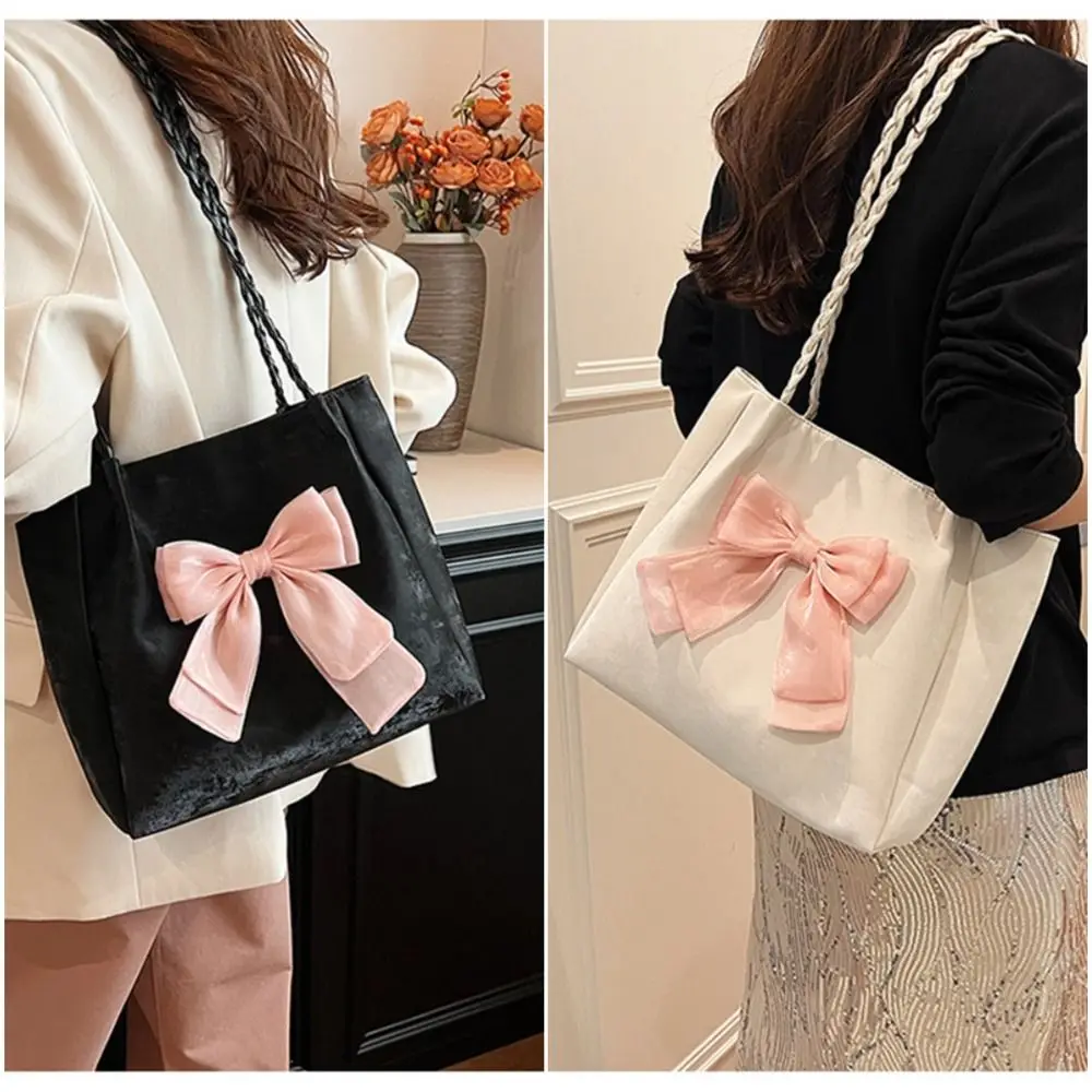 

Cute Bowknot Shoulder Bag Solid Color Braid Strap Hand Bag Ballet Style Underarm Bag