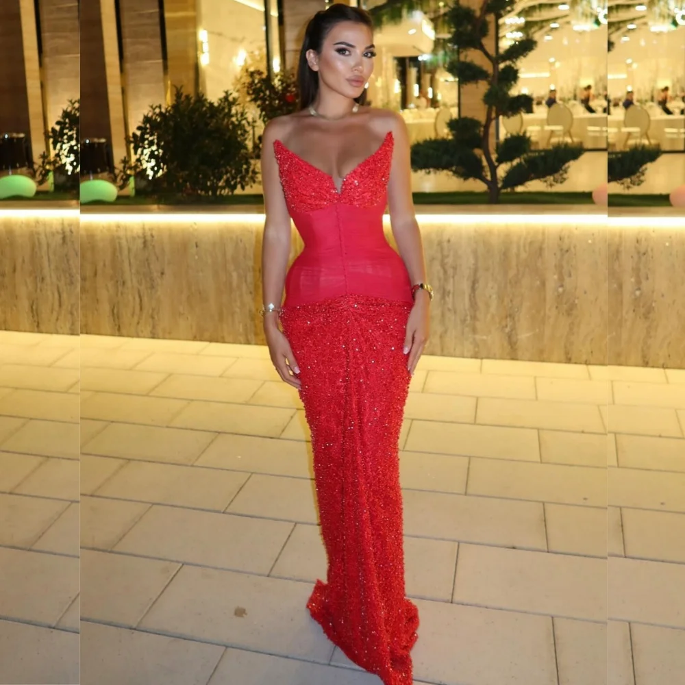 

Customized High Quality Charmeuse Sequined Pleat Trumpet Strapless Long Dresses Bespoke Occasion Sparkle