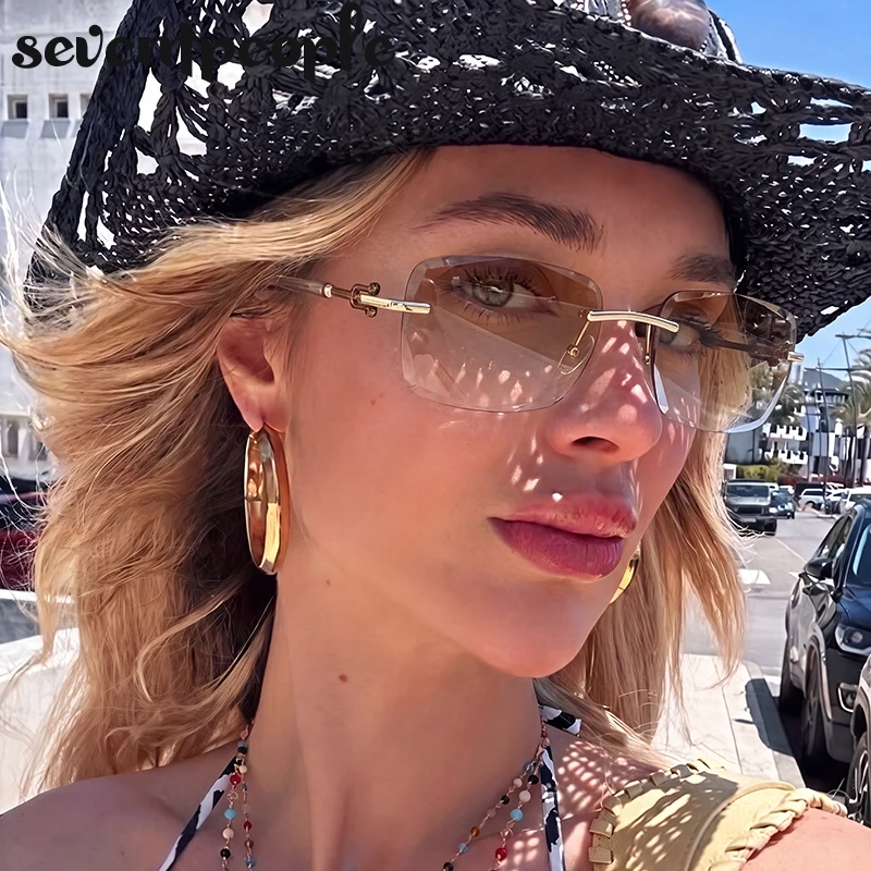 

Steampunk Rectangle Rimless Sunglasses Women 2026 Luxury Designer Trendy Square Driving Sun Glasses Classic Shades Eyewear UV400