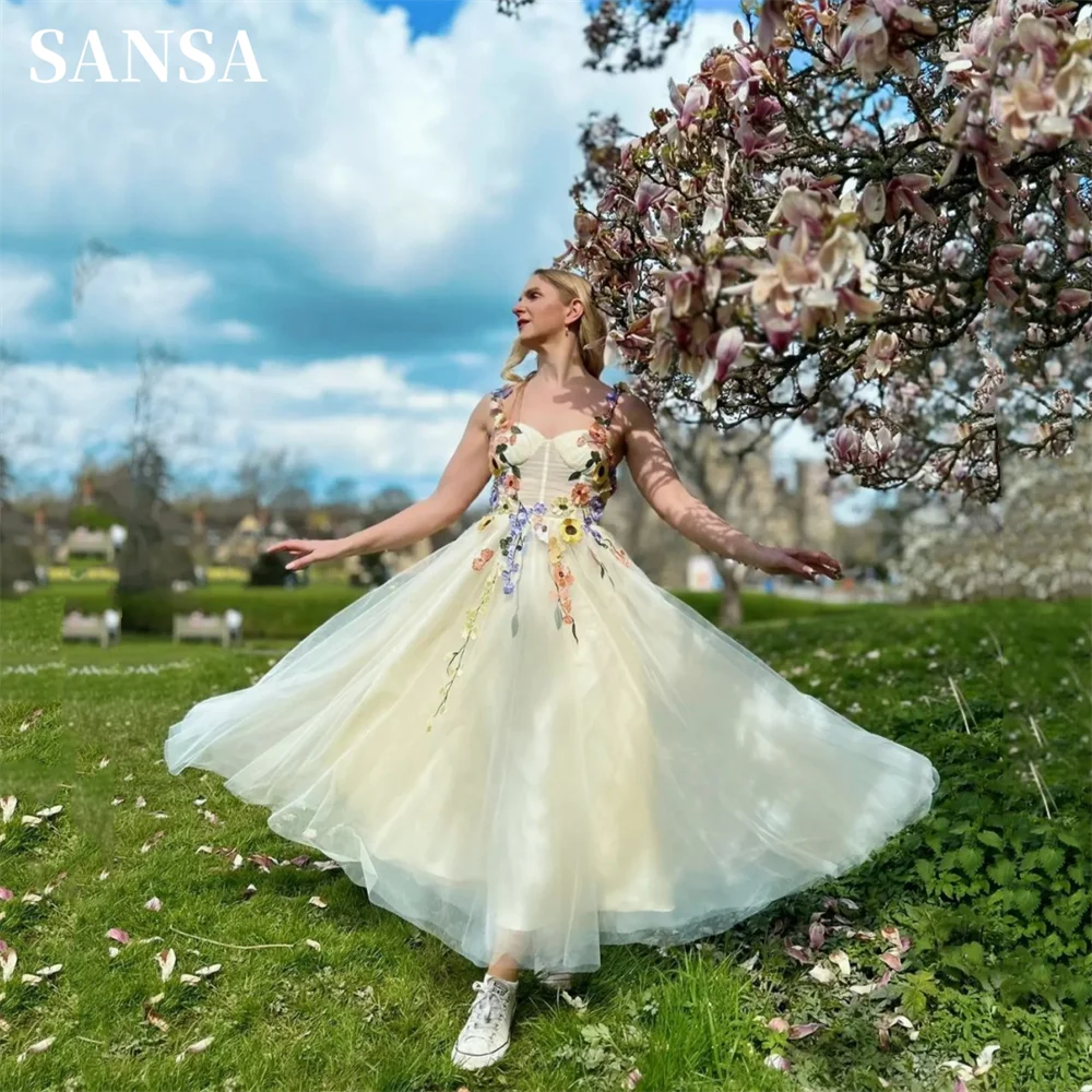 

Sansa Sweet A-line Knee Lenght Prom Dresses Flower فساتين الحفلات Yellow Vestidos De Noche Flower Straps فساتين السهرة