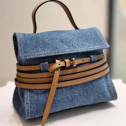 Small Denim Handle Bags for Women Jean Crossbody Bag Female Jean Handle Bag with PU Tie Womens Small Purse Bag