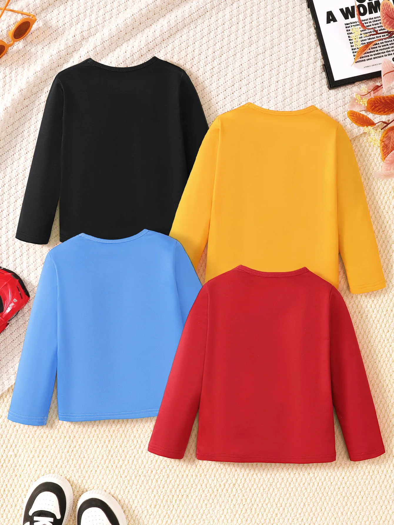 4-Pack of Boys' Cool Off-Road and Sports Car Print Long-Sleeve Thickened Tops - Comfortable Casual Crew Neck Pullovers, Spring and Autumn Clothing