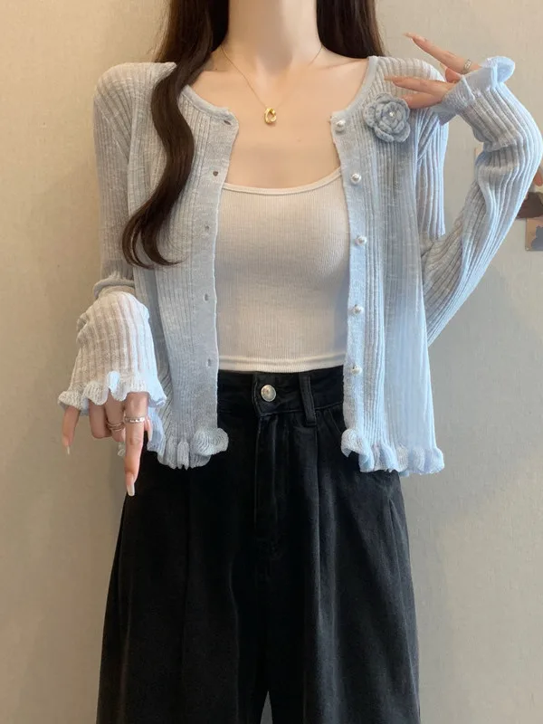 

plus Size Knitted Long Sleeve Open Cardigan Women's Summer Elegant Casual Shirt Meat Conceal Thinming Top V-neck Regular Sleeve