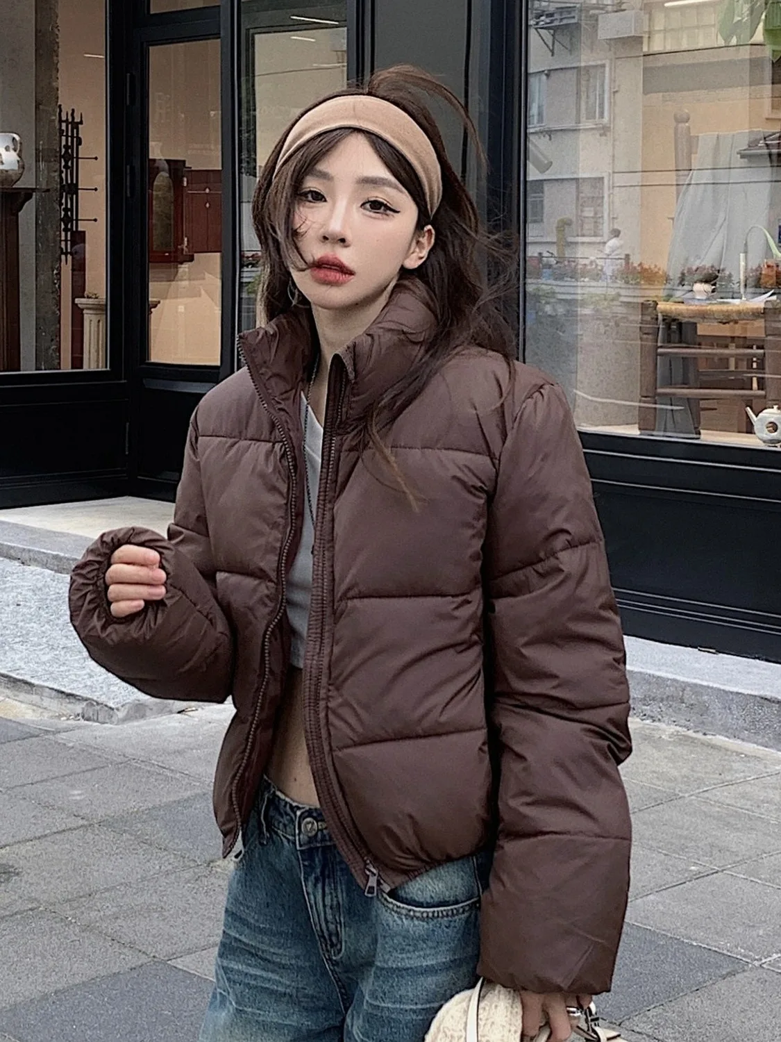 

American Sle ort Cotton Jaet Women's Autumn Winter Faion Bread Design Stand Collar Outerwear Thiened Long Sve Zi...