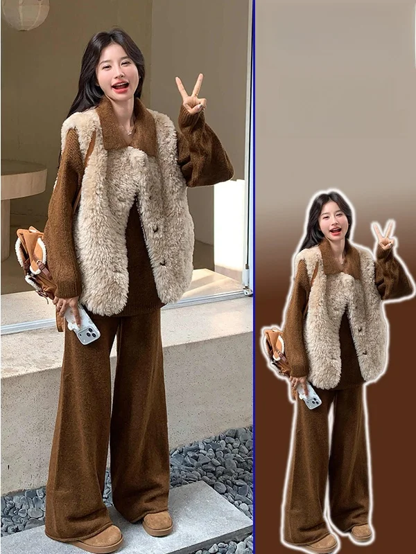 

plus Size Women's Vintage Loose Knitted Sweater High Waist Wide Leg Pants And Lamb Fur Vest Tee Piece Set for Autumn And Wi...