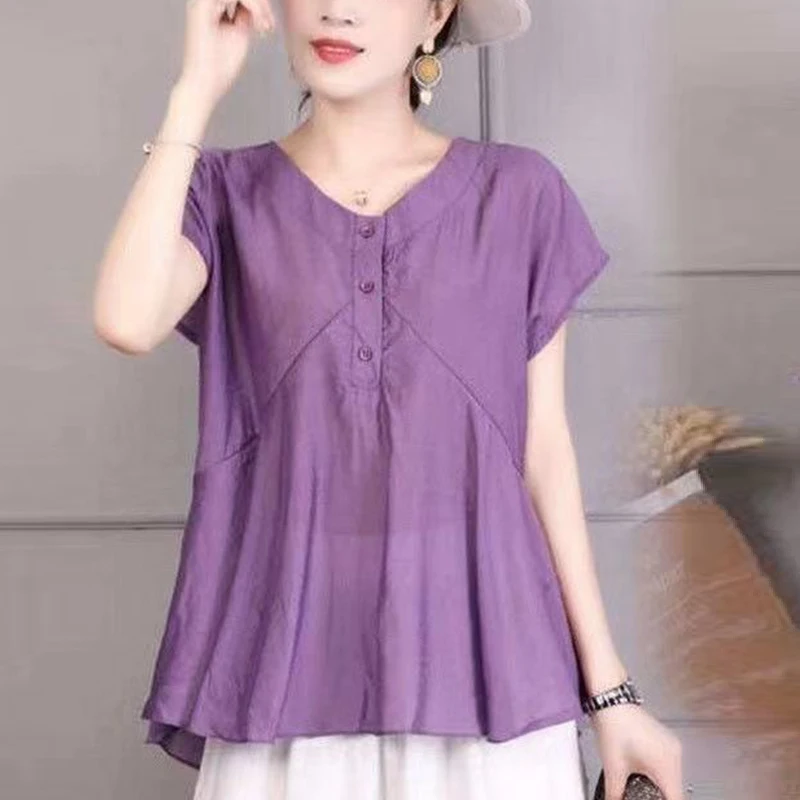 

Summer New Fashion V-neck Loose Casual Spliced Shirt Ladies Short Sleeve Oversized Literary Vintage All-match Blouse Women's Top